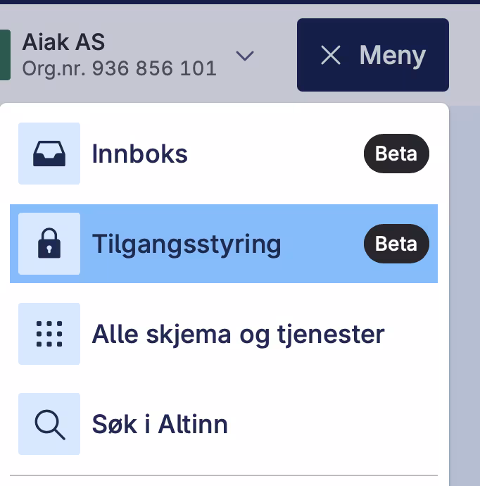 Velg Tilgangsstyring i menyen i Altinn